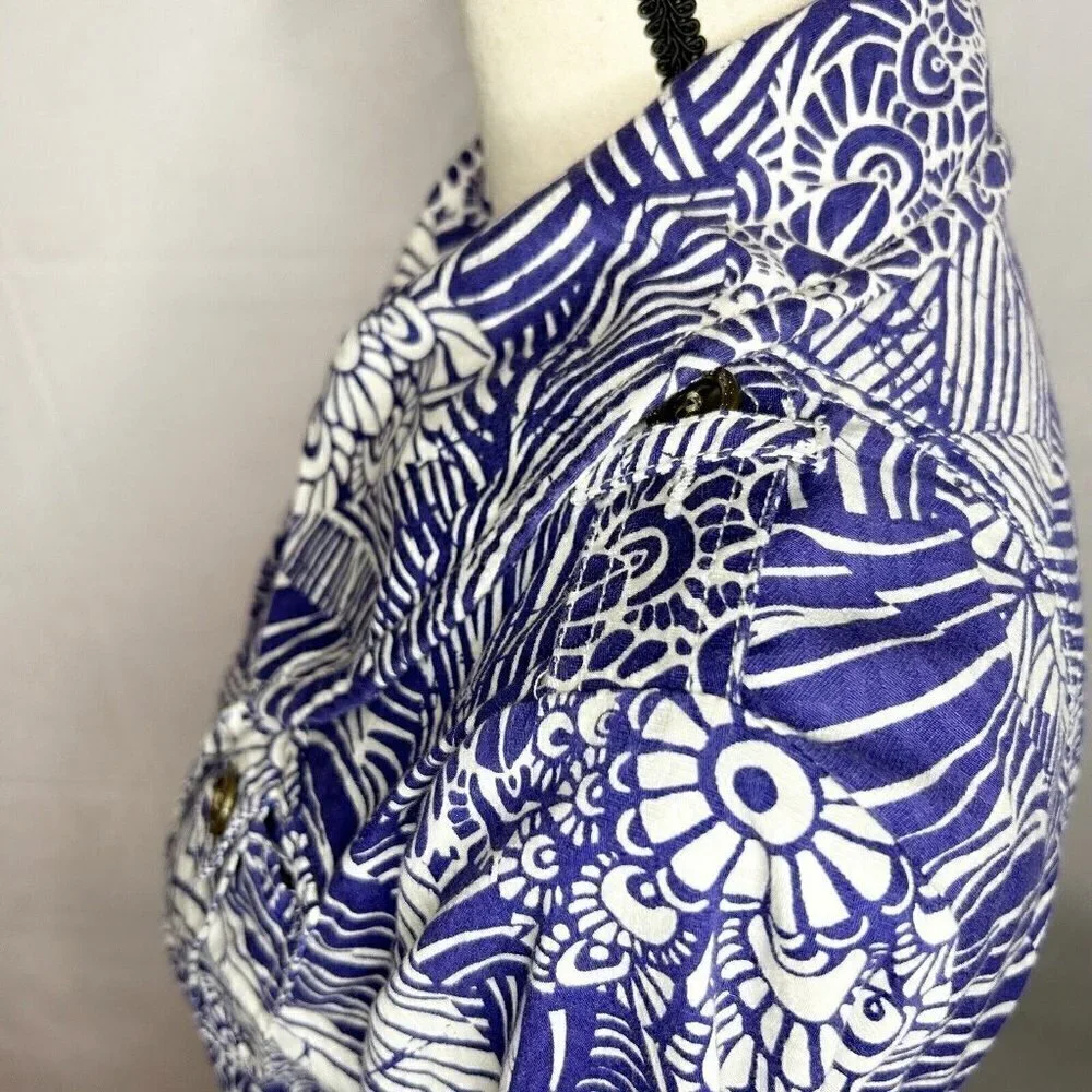 COLDWATER CREEK Utility Full Zip Jacket Sz 6 Floral Print Lapis Purple and White